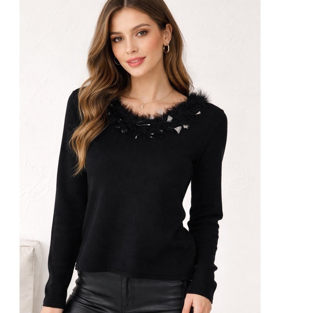 Sharon Young Black Silk Blend Feather Trim Scoop Neck Sweater Small